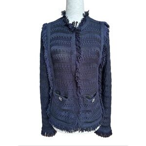 Amaryllis Black and Navy Knit Fringe Cardigan Jacket, XS